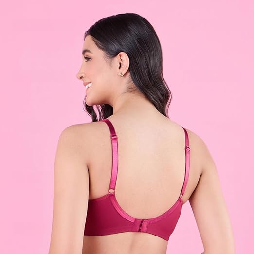 NYKD Cotton Anti-Microbial Side Support Shaper Bra for Women Non-Padded, Non-Wired, Full Coverage with Contoured Lift & Wide Straps – NYB169, Berry